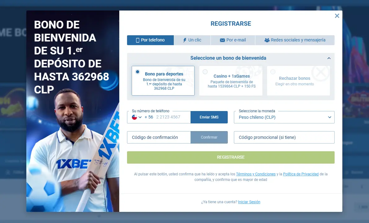 Registro a 1xBet casino en Chile